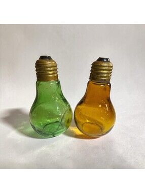 Vintage Light Bulb Salt Pepper Shakers Green & Amber Glass Metal Tops 4"H